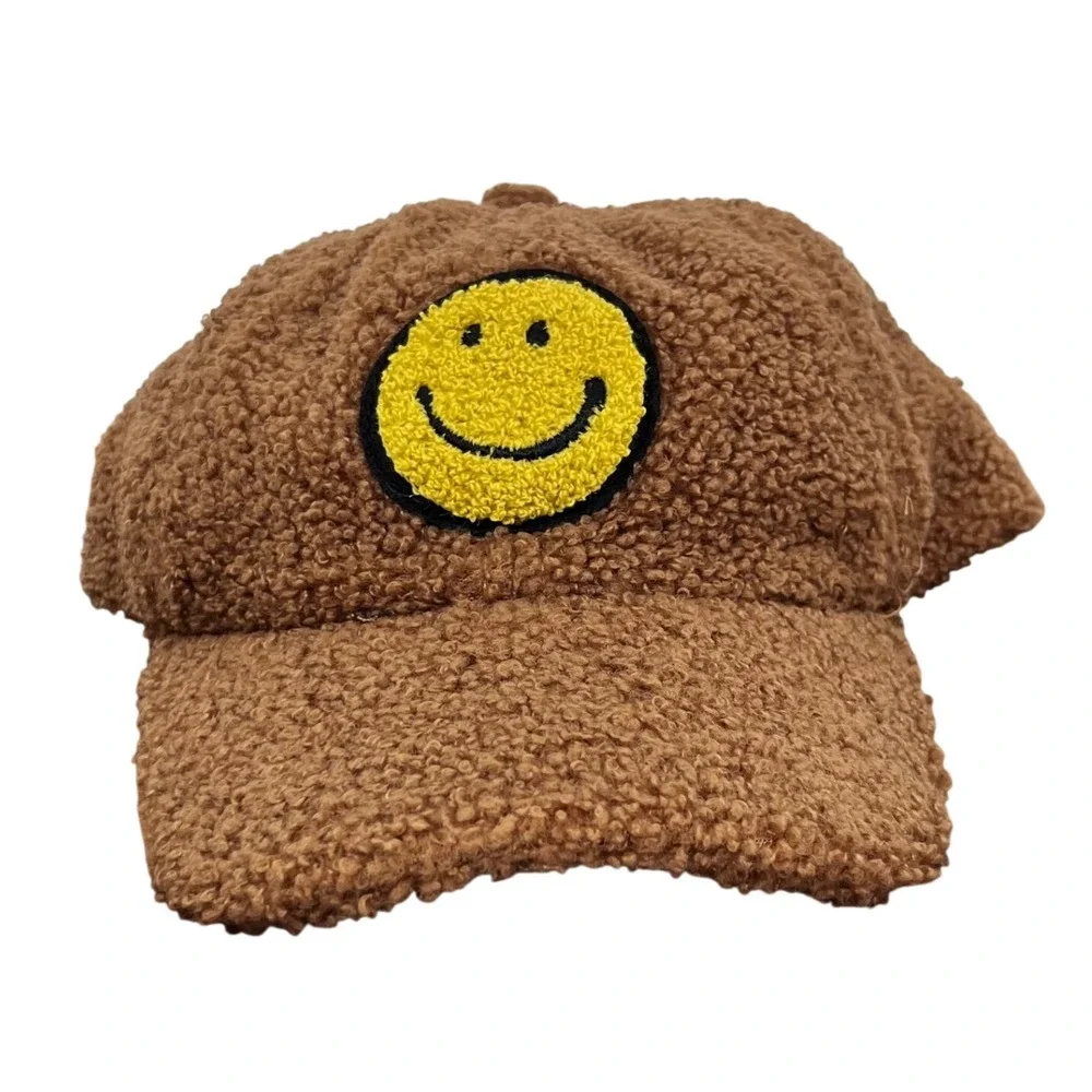 Sherpa Smiley Face Baseball Cap Kids One Size Brown Patch Streetwear‎ Retro